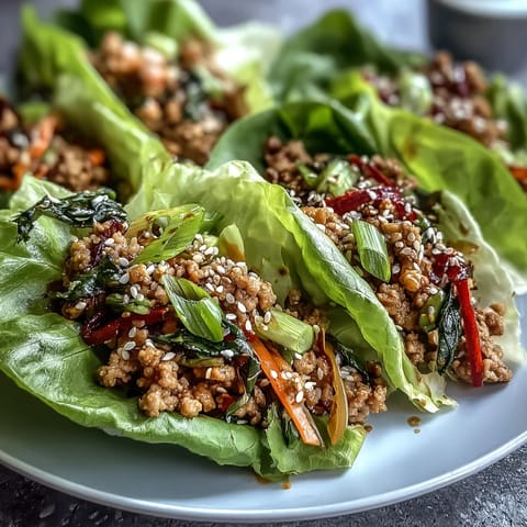 Close-up of vibrant turkey potsticker stir-fry lettuce wraps filled with shredded carrots and cabbage, garnished with scallions, perfect for a quick weeknight Asian-inspired dinner.