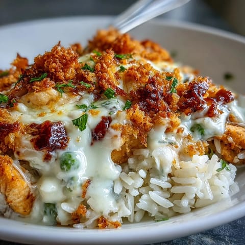 Steam rises from a serving of Creamy Garlic Chicken & Rice Casserole revealing tender chicken and peas in creamy sauce.