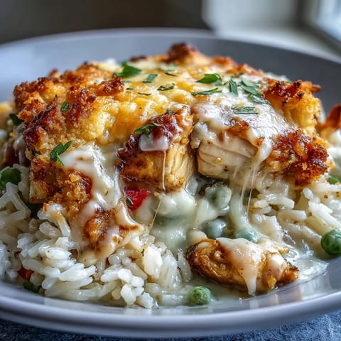Golden-brown Creamy Garlic Chicken & Rice Casserole fresh from the oven, featuring a cheesy, crispy panko topping.