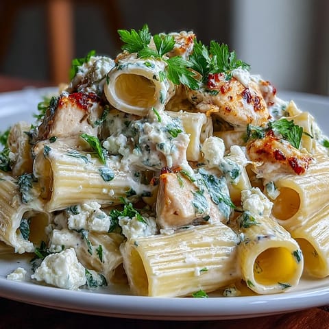 Creamy Lemon Feta Chicken Pasta served on a white plate with fresh parsley garnish and golden chicken pieces.