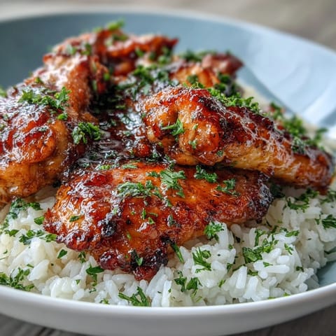 Oven-Baked Honey Garlic Chicken Wings & Rice are glazed in sticky, savory sauce over fluffy buttery rice, ready to serve.