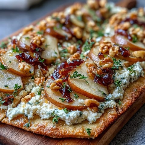 Crispy baked Goat Cheese & Pear Flatbread with hot honey drizzle on a rustic wooden board, ready to slice and share.