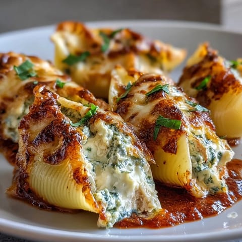 Golden Pesto Lasagna Stuffed Shells topped with melted mozzarella and fresh basil on a plate.