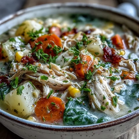 Hearty Ranch Chicken Veggie Soup in a white bowl is topped with parsley and chives, ready to serve with crusty bread.