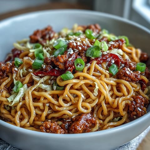 Garnished with sesame seeds and green onions on a rustic plate.