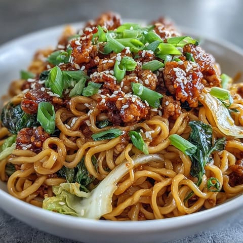 Spicy Korean Turkey Fried Noodles tossed with crisp bell peppers and onions.