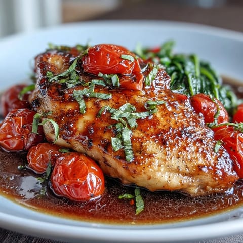 Golden-brown chicken breasts simmered in tangy balsamic sauce with sweet tomatoes and vibrant baby spinach, served straight from the pan.  