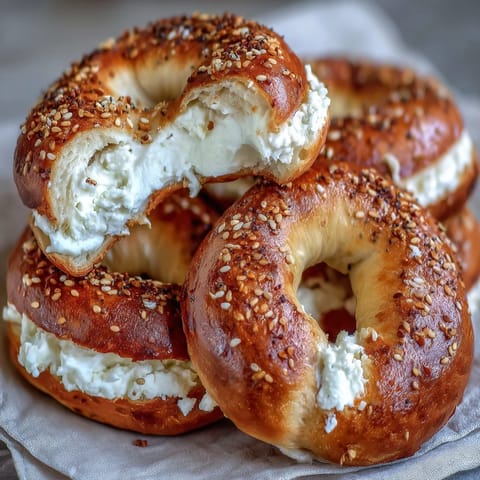 Fluffy homemade bagels made with Greek yogurt, brushed with egg wash and sprinkled with sesame seeds.