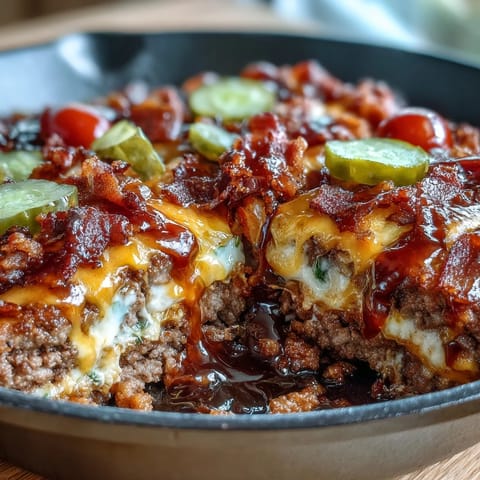 This one-pan low-carb cheeseburger skillet features juicy ground beef, smoky paprika, and creamy cheese for a hearty meal.  