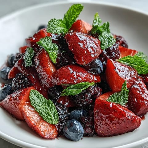Vibrant mixed berries tossed with fresh mint leaves and a sweet honey-lemon dressing, perfect for warm days.  