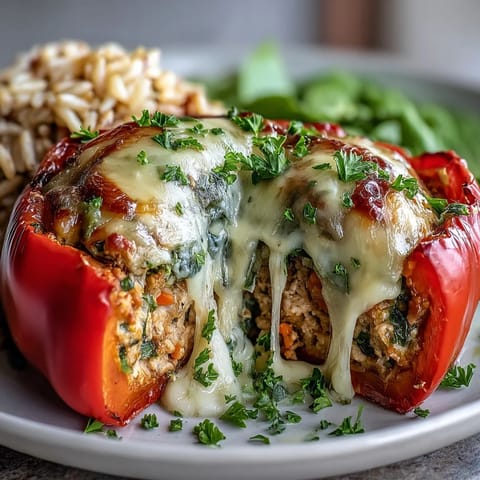 Wholesome turkey and veggie stuffed bell peppers baked until tender, featuring a savory filling of lean meat, diced vegetables, and hearty brown rice.  