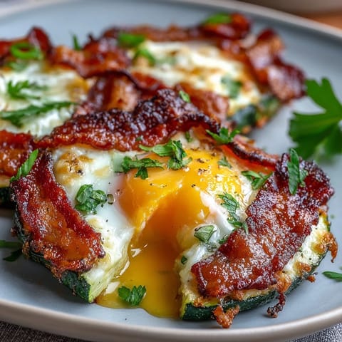 Keto Bacon and Egg Zucchini Nests: golden, crispy zucchini nests baked with savory bacon and a perfectly runny egg center.  