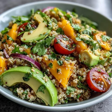 Tropical mango avocado quinoa salad with lime dressing, featuring juicy mango, creamy avocado, and zesty citrus flavors in a colorful bowl.  