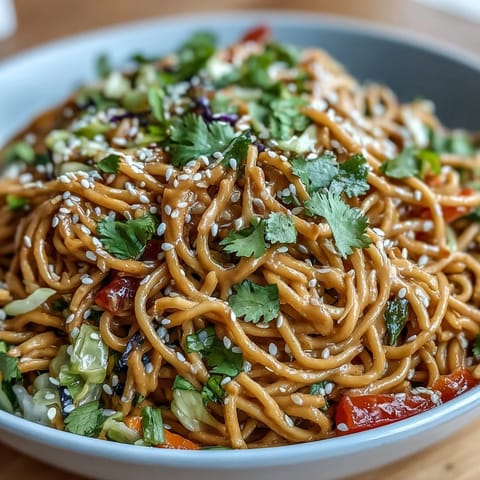 Nutty soba noodles tossed in a creamy, spicy peanut sauce with fresh cilantro, scallions, and colorful slaw for a satisfying plant-based meal.  