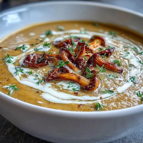 A steaming bowl of wild mushroom bisque, rich and creamy with sautéed mushrooms and a swirl of heavy cream.