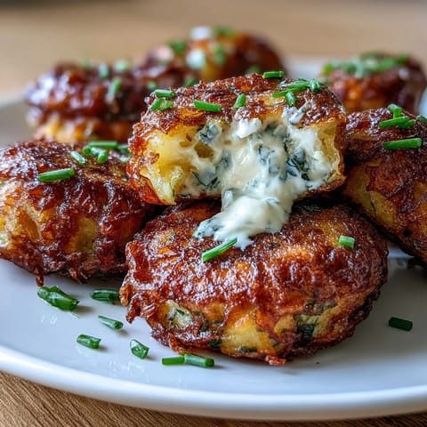 Crispy smashed potato and herb fritters with golden crust and fresh chives, served with a dollop of tangy sour cream for a perfect appetizer.