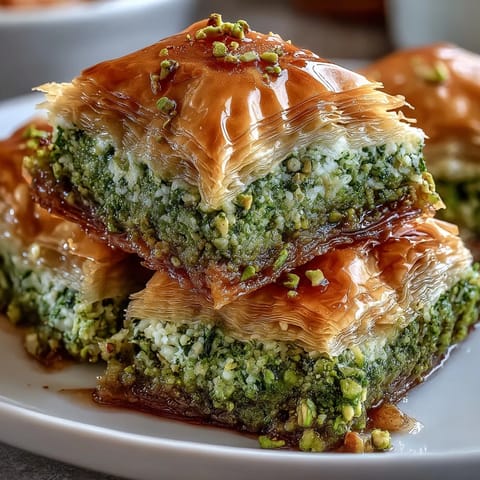 Golden baklava squares with crunchy pistachios and aromatic honey syrup, perfect for a sweet Middle Eastern dessert.
