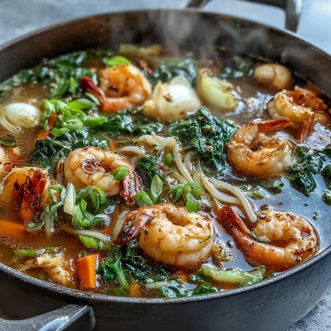 Aromatic Asian hot pot seafood with fresh shrimp, white fish, and mussels in a fragrant broth, surrounded by colorful vegetables and noodles.