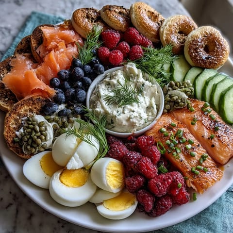Galentines Brunch Board with Bagels, Lox, and Berries featuring fresh sliced bagels, silky smoked salmon, and vibrant berries arranged on a large platter.