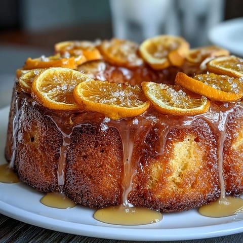 Moist Mediterranean olive oil cake infused with orange zest, layered with tender candied oranges, and finished with a bright citrus glaze.  