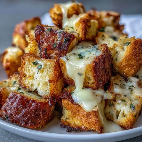 Crunchy sourdough croutons baked to golden perfection, ideal for topping French onion soup with rich flavor.  