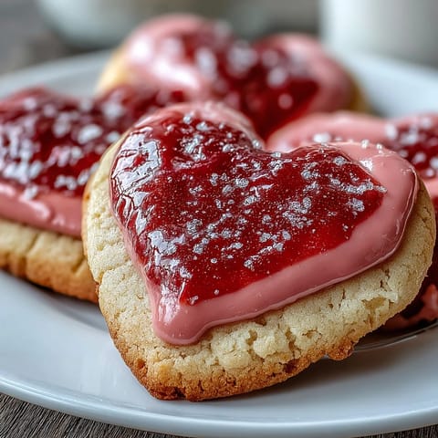 Heart-shaped sugar cookies decorated with pink strawberry icing, perfect for a sweet Valentine's Day treat.  