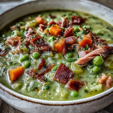 A steaming bowl of ham and split pea soup with tender carrots and smoky ham, perfect for a cozy dinner.  
