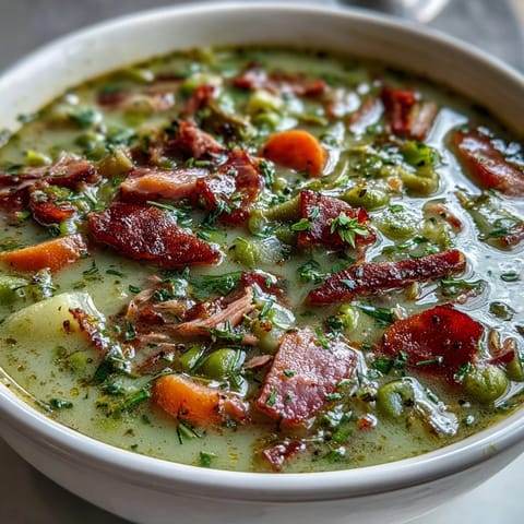 Creamy green split pea soup with diced carrots and chunks of savory ham, served in a rustic bowl.  