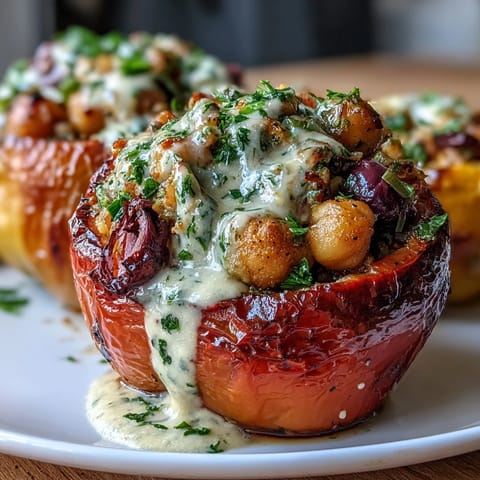 Hearty vegan stuffed peppers filled with quinoa, olives, and sun-dried tomatoes, served with a tangy lemon tahini drizzle.