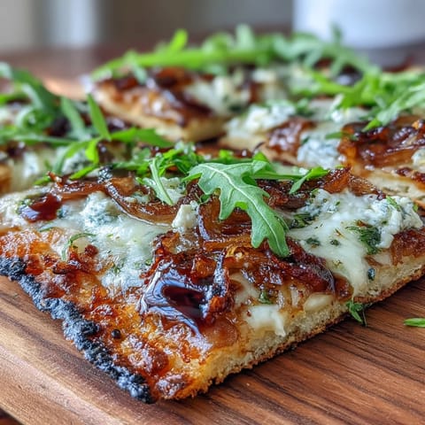1. Caramelized onion flatbread pizza with arugula and balsamic glaze, showcasing golden onions and fresh greens for a savory vegetarian dish.  