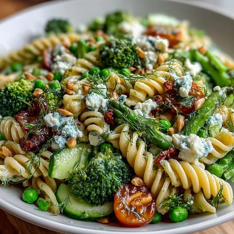 A colorful spring pasta salad with broccoli, peas, and cherry tomatoes tossed in a zesty lemon-herb dressing.