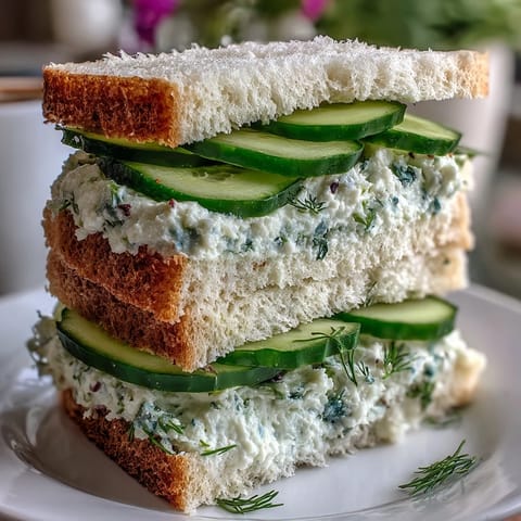 Elegant cucumber tea sandwiches with herbed cream cheese, perfect for a refined afternoon tea spread.