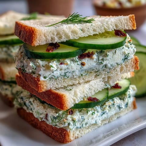 Delicate finger sandwiches filled with creamy herbed spread and crisp cucumber slices, ideal for garden parties.