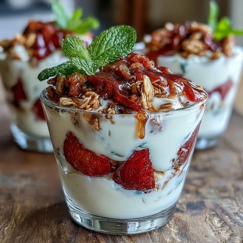 Mini strawberry yogurt parfaits in shot glasses: vibrant layers of creamy yogurt, fresh strawberries, and crunchy granola in elegant single-serve portions.