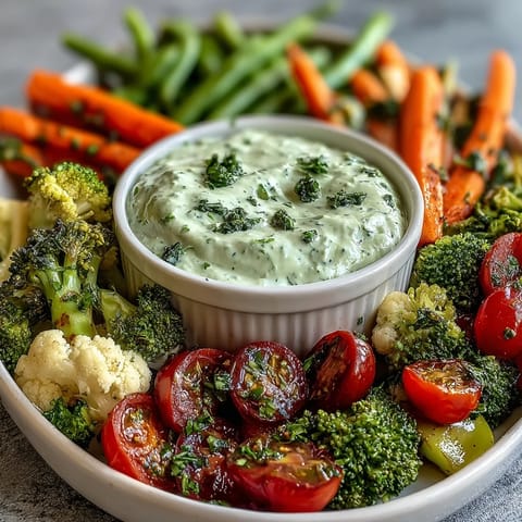 Fresh Little Sprout Veggie Platter with Green Goddess Dip, showcasing colorful baby carrots, snap peas, and cherry tomatoes arranged around a creamy herb dip.