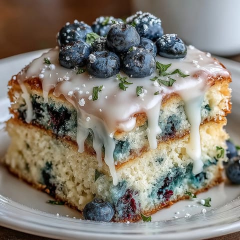 A fluffy sheet cake with fresh blueberries and lemon zest, drizzled with tangy icing for a delightful dessert.