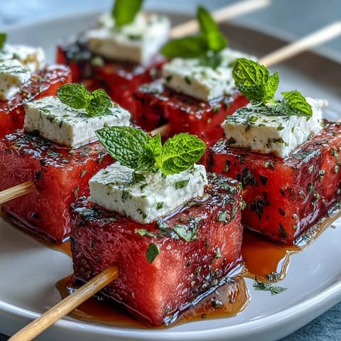 Juicy watermelon and creamy feta cubes on skewers, garnished with fresh mint for a vibrant summer appetizer.  