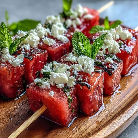 Colorful watermelon feta skewers drizzled with olive oil and balsamic glaze, perfect for refreshing party platters.  