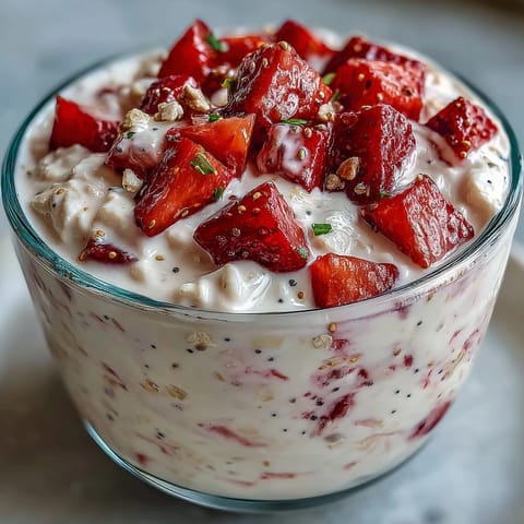 Creamy overnight oats infused with fresh strawberries, lemon zest, and poppy seeds for a bright, tangy breakfast treat.  