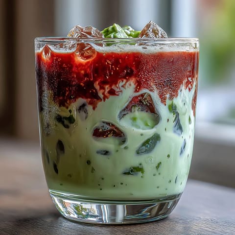 Iced Strawberry Matcha Latte with Vanilla Sweet Cream: A colorful layered drink with vibrant strawberry puree, earthy matcha, and creamy vanilla sweet cream over ice, perfect for summer sipping.