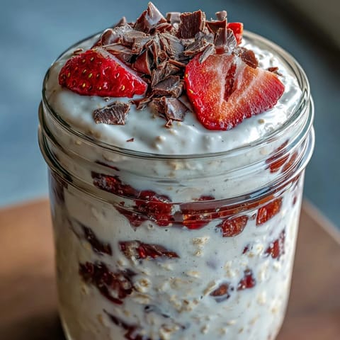 Strawberry chocolate chunk overnight oats dessert jar with creamy oats, fresh berries, and rich dark chocolate.