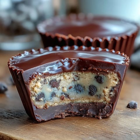 Irresistible peanut butter cups filled with eggless chocolate chip cookie dough, perfect for peanut butter and cookie lovers.