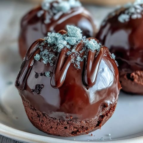 Rich dark chocolate truffles with strawberry filling, coated in glossy chocolate and garnished with shimmering gold flakes for an indulgent treat.