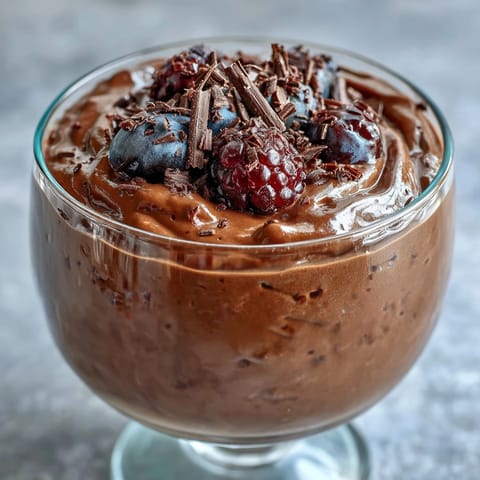 Silky smooth chocolate mousse made with high-protein cottage cheese and Greek yogurt, topped with fresh berries for a healthy dessert.