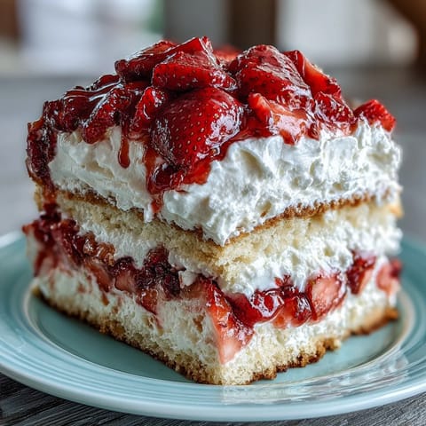Classic strawberry shortcake with golden biscuit layers, fresh macerated strawberries, and whipped cream.