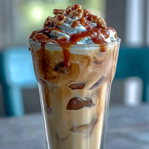 Creamy Iced Vanilla Bean Frappuccino topped with fluffy coconut whipped cream and vanilla bean specks.