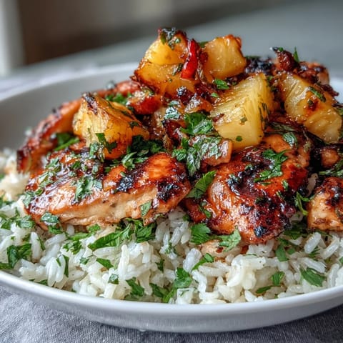 Grilled foil packets filled with juicy chicken, sweet pineapple, and colorful vegetables over fluffy rice.