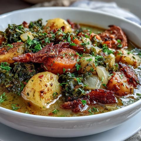 Soul Food Black-Eyed Pea and Collard Green Stew simmering with smoky, hearty vegetables and tender greens in a rich, flavorful broth.