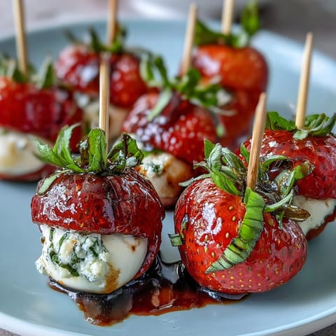 Fresh strawberry caprese skewers with mozzarella and basil drizzled with balsamic glaze, perfect summer appetizer.