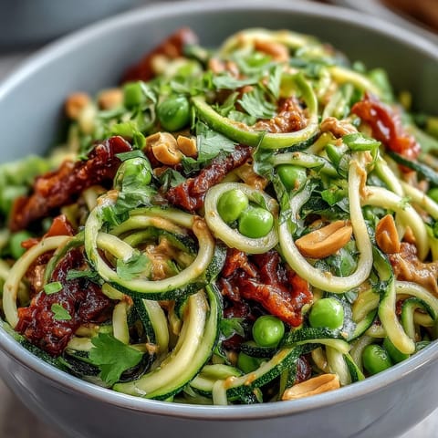 Healthy Easy Zucchini Noodle Stir-Fry with Peanut Sauce in a colorful skillet, garnished with chopped peanuts and cilantro, ready to serve.